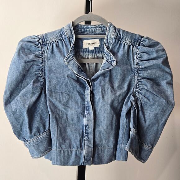 Frame Gillian Denim Top Eugenia Blouse Ruched Puff Sleeve Button Up Blue XS - Picture 2 of 7